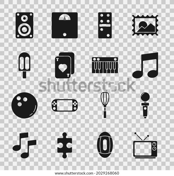 Set Retro tv, Joystick for arcade machine, Music\
note, tone, Domino, Playing cards, Ice cream, Stereo speaker and\
synthesizer icon. Vector