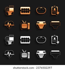 Set Retro tv, Medical prescription, Adult diaper, Heart rate, Eyeglasses, Socks and False jaw icon. Vector