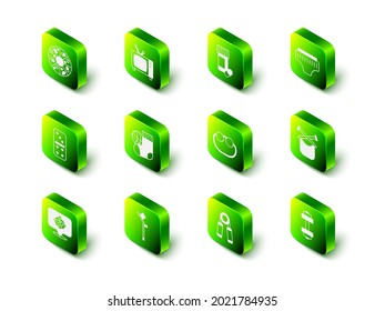 Set Retro tv, Medicine bottle and pills, Adult diaper, Knitting, Dumbbell, Eyeglasses, Sport expander and Crutch crutches icon. Vector