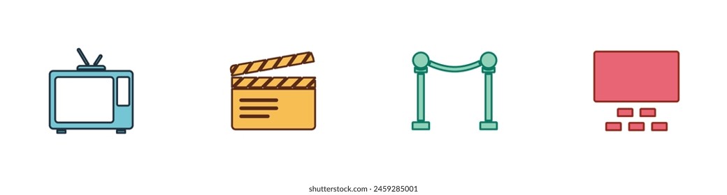 Set Retro tv, Película clapper, Barrera de cuerda y auditorio de cine con Vacantes icono. Vector