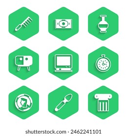 Set Retro tv, Silver spoon, Ancient column, Pocket watch, coin, TV table stand, amphorae and Hairbrush icon. Vector