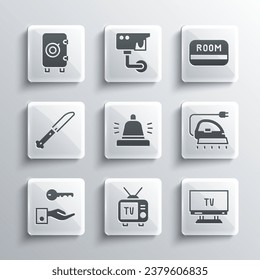 Set Retro tv, Smart Tv, Electric iron, Hotel service bell, door lock key, Knife, Safe and card icon. Vector