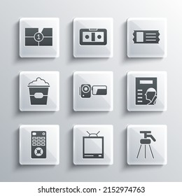 Set Retro tv, Tripod, Cinema poster, camera, Remote control, Popcorn box, Old film movie countdown frame and ticket icon. Vector