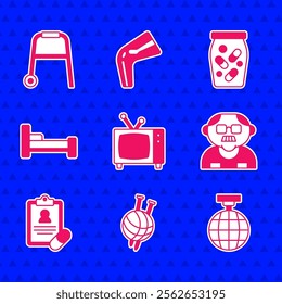 Set Retro tv, Yarn ball with knitting needles, Disco, Grandfather, Medical prescription, Bed, Medicine bottle pills and Walker icon. Vector