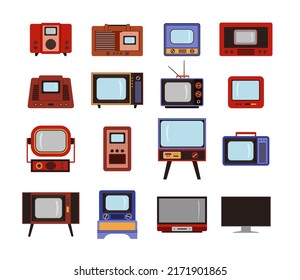 Conjunto de televisores y radios retro, ilustración plana vectorial sobre fondo blanco. Televisión roja, azul, negra antigua. Viendo programas de video en casa