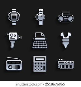 Set Retro typewriter, Calculator, Music synthesizer, Swimsuit, Radio with antenna, cinema camera, Home stereo two speakers and Wrist watch icon. Vector