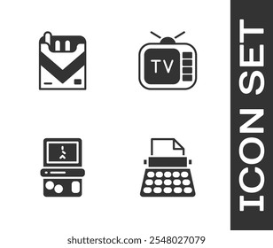 Set Máquina de escribir retro, caja de paquete de cigarrillos, Tetris e icono de tv. Vector