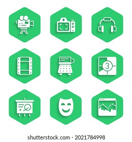 Set Retro typewriter, Comedy theatrical mask, Music wave equalizer, Old film movie countdown frame, Scenario on chalkboard, Play Video, Headphones and cinema camera icon. Vector