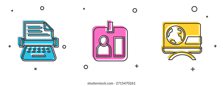 Setzen Sie die Retro-Schreibmaschine, Journalisten-ID-Karte und das Symbol für Nachrichten. Vektorgrafik