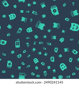 Set Retro typewriter, MP4 file document, Light meter and Comedy theatrical mask on seamless pattern. Vector