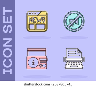 Set Retro typewriter, News, on radio channel and Censored stamp icon. Vector