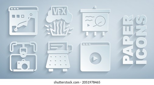 Set Retro typewriter, Scenario on chalkboard, Gimbal stabilizer with camera, Online play video, VFX and Histogram graph photography icon. Vector