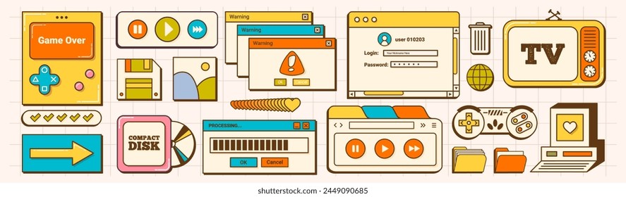 Set von Retro UI Elemente und Icons in Vintage-Farben. Desktop des alten Computers. In: Retro Vaporwave Vektorgrafik Windows.