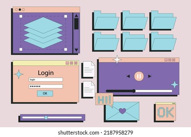 Set of retro ui ux. Collection of graphic elements for applications and programs in old style. Interface 80s and 90s for website. Cartoon flat vector illustrations isolated on beige background