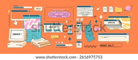 Set of retro UI, vaporwave items of computer interface. Digital elements of software in kitsch style. y2k design of cursor, icons, messages, pop ups, frames, windows. Flat isolated vector illustration