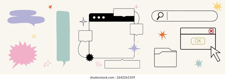Set of retro UI vector elements including search bar, speech bubbles, folders, pop-up windows, cursor arrow, and colorful stars. Minimalist hand drawn interface icons perfect for digital collage, web 