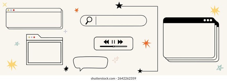Set of retro UI vector elements including search bar, speech bubbles, folders, pop-up windows, cursor arrow, and colorful stars. Minimalist hand drawn interface icons perfect for digital collage, web 