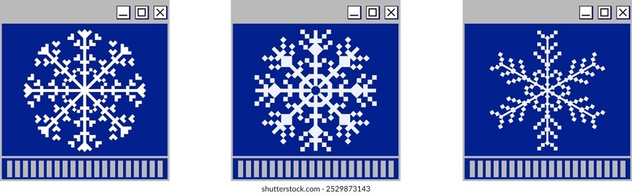 Set of Retro Upload Windows with Christmas Snowflakes. Concept print, banner, template design. Trendy 90s stickers.