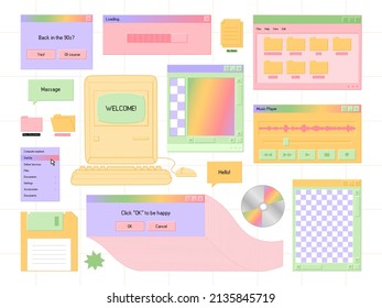 Set of retro user interface elements. Old computer 90s concept. Tabs, icons, windows, folders. Hand drawn colorful vector illustration isolated on light background. Trendy flat cartoon style.