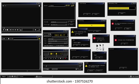 Set of retro user interface of software programs in dark mode theme