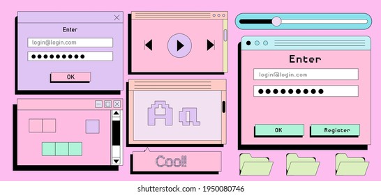 Set of retro user interface tabs and icons. Screen panels and dialog boxes of computer software.