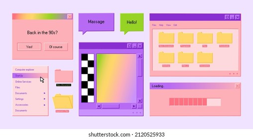 Set of retro user interface tabs and icons. Old computer windows with message, folders and buttons. Hand drawn colorful vector illustration isolated on light background. Trendy flat cartoon style.
