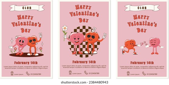 Set of retro Valentine's Day banners in 90s style. Cute cartoon hearts, lettering. Vector illustration