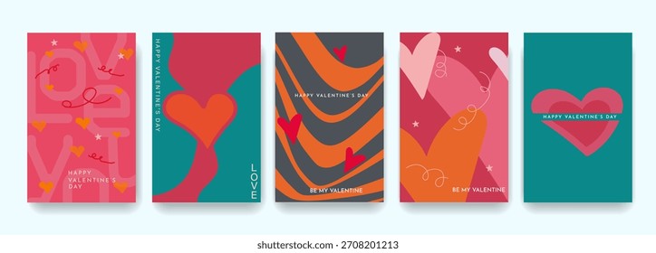 Conjunto de Tarjetas de San Valentín Retro Diseño. Modernos Vectores de tipografía colorida con corazones minimalistas de color rosa, naranja y rojo. Diseño de arte adecuado para presentaciones, tarjetas de felicitación, invitaciones, calendarios.
