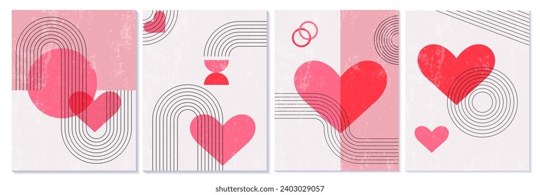 Set of retro Valentines Day geometric abstract posters. Vintage banners, greeting cards in 60s, 70s, brutalism style with hearts, circles, and curved lines. Vector backgrounds for prints, wrapping.