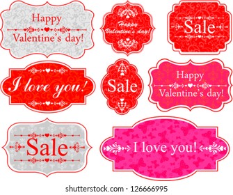 Set Retro Valentines day Tag. Collection of Valentines day design elements isolated on White background. Vector illustration