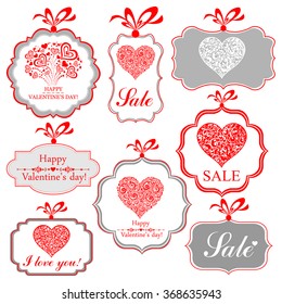 Set Retro Valentines day Tag. Collection of Valentines day design elements isolated on White background. Vector illustration