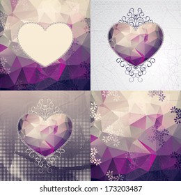 Set of retro Valentine's day or wedding illustrations, hearts with geometric pattern or lace-like outline and dark ringlets on abstract polygonal background with refined girlish laconic flowers.