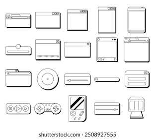 Conjunto de navegador de escritorio retro vaporwave y ventana de diálogo, controlador de juego Plantillas estilo 80s-90s. Concepto de sistema operativo de estilo retro nostálgico en la computadora. Ilustración vectorial.