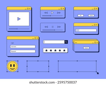 Set of retro vaporwave desktop browser window templates. 80s 90s vintage aesthetic layouts. Vector flat illustration