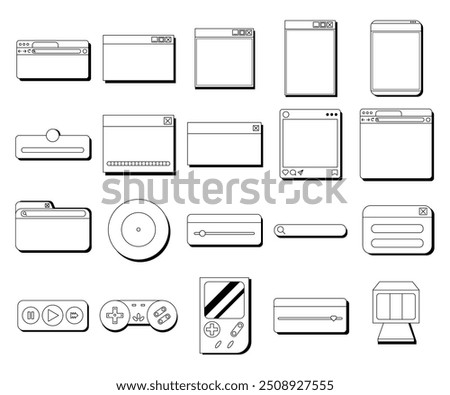 Set of retro vaporwave desktop browser and dialog window, game controller templates 80s-90s style. Nostalgic retro style operating system concept on computer. Vector illustration.