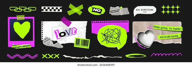 Set of retro vector collage elements including torn paper, vintage newspaper clippings, notebook scraps, tape, stickers, barcode, photo frame, and halftone heart. Perfect for posters and Y2K banners.