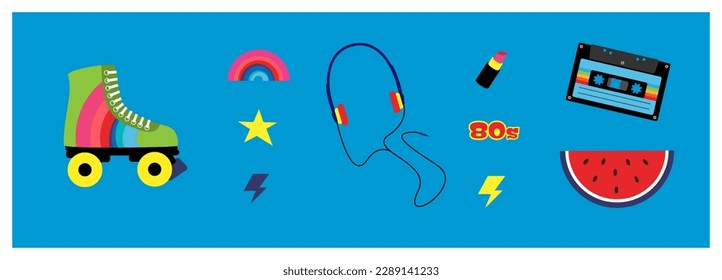 Set of retro vector illustrations, 80s, 90s, cassette, music tape, rollerblades, watermelon, rainbow, lgbtq, flash, lipstick, star, SHOTLIST1990