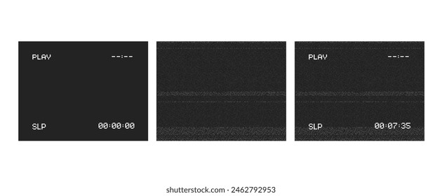 Set of Retro VHS black screens and video player interface with pixelated noise effect. VHS video cassette intarface on black TV display with noise glitch effect editable vector background