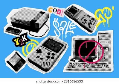 Juego de consola de videojuegos retro, pc, disquete para el collage de corte a la moda. Colección de los años 90 de diferentes sistemas nostálgicos antiguos y manualidades de textura media con estilo punteado. Ilustración vectorial de vintage