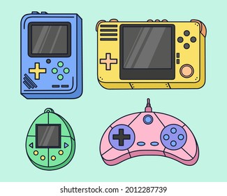 Set of retro video game consoles. Tamagotchi, gamepad, gameboy, controller. Simple, cartoonish style. Elements for design and illustrations. Bright colors.