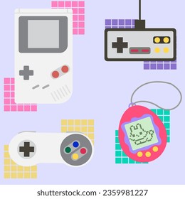 Set of retro video game consoles. Tamagotchi, gamepad, gameboy, controller. Vector illustration. 