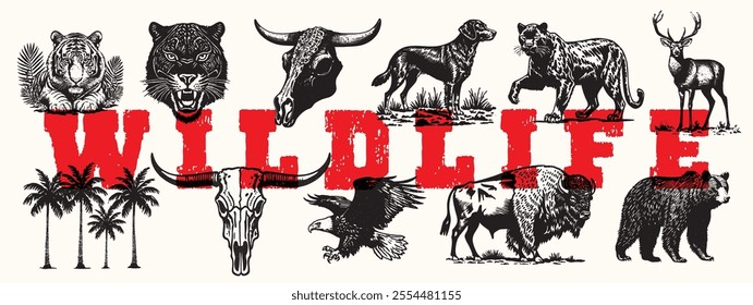 Set of Retro vintage animal wildlife vector illustration	