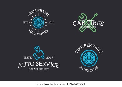 Set of retro vintage automobile, wrench, screwdriver, mechanic, wheel logo or insignia, emblems, labels and badges and other branding objects. Vector line style