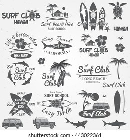 Set of retro vintage badges and labels. For web design, mobile and application interface, also useful for infographics. Surf club and surf school design. Vector illustration.