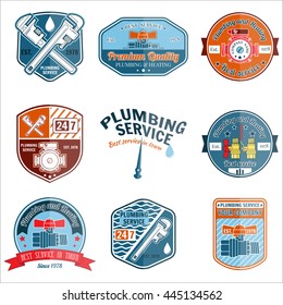 Set of retro vintage badges and labels. Plumbing and heating service. Emergency service logo. Vector illustration. Elements on the theme of the plumbing service business.