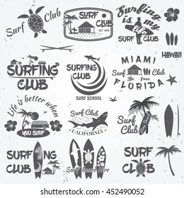 Set of retro vintage badges and labels. For web design, mobile and application interface, also useful for infographics. Surf club and surf school design. Vector illustration.