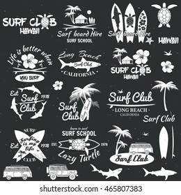 Set of retro vintage badges and labels. For web design, mobile and application interface, also useful for infographics. Surf club and surf school design. Vector illustration.