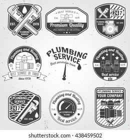 Set of retro vintage badges, seal, patch, logo and labels. Plumbing and heating service. Emergency service logo. Vector illustration. Elements on the theme of the plumbing service business.