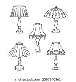 A set of retro vintage bedside lamp illustrations in elegant line art style. Perfect for home decor designs, vintage-themed projects, and digital content.