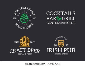 Set of retro vintage beer and alcohol, hop, barrel logo or insignia, emblems, labels and badges and other branding objects. Vector line style